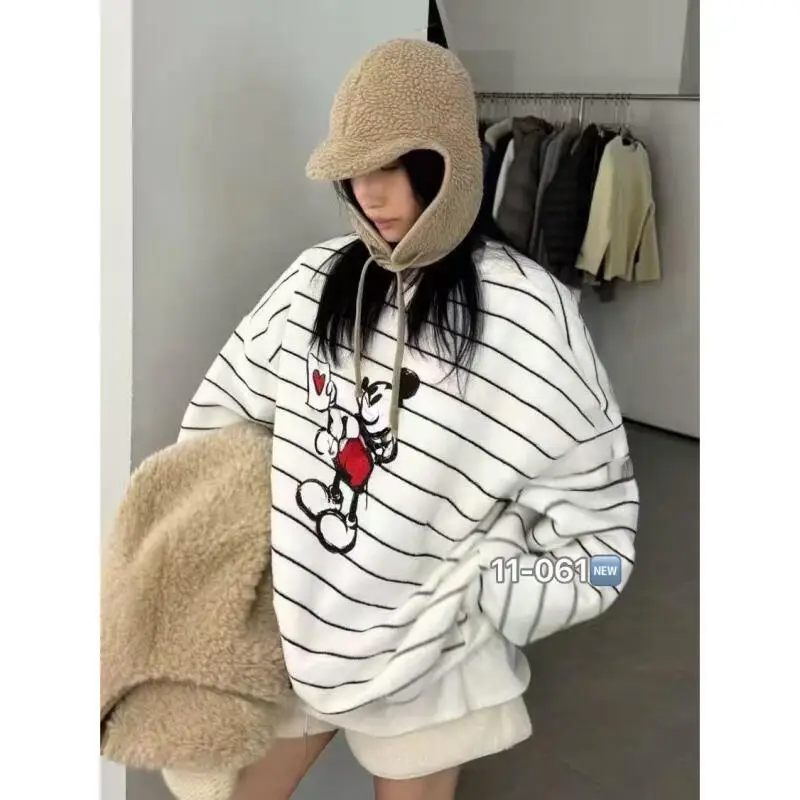 

Женская полосатая толстовка с рисунком Микки Мауса, осень 2022, белый пуловер, повседневная уличная одежда, Эстетичная мода Disney Y2K, удобная