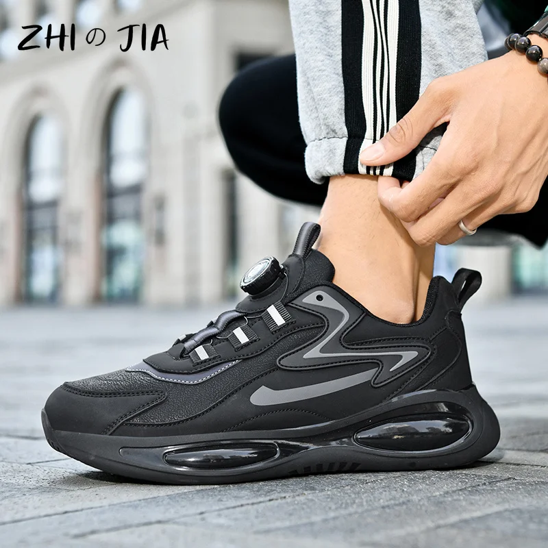 Men's New Leather Casual Shoes Rotating Buckle Sneaker Autumn and Winter Outdoor Anti Slip Running Shoes Classic Black Footwear