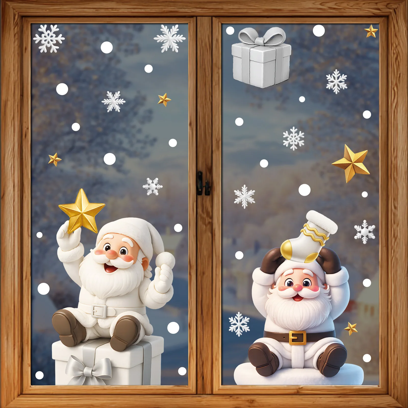 Set of 2 Christmas Static Cling Stickers, Gold Reindeer Snowman Holiday Window Decor for Glass Festive Pair