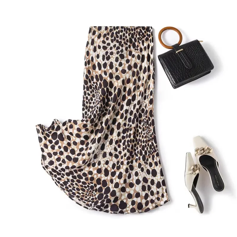 2025 Early Autumn New 100% Natural Mulberry Silk Satin High Waist Leopard Pattern Women's Slimming Bag Hip Mermaid Skirt