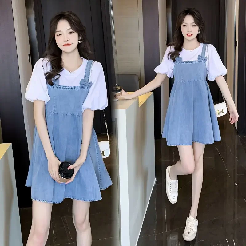 2023 Denim Sling Dress Set Female Design Sense Niche Bow Sling Dress Korean White T-shirt Two-piece Y2K Korean Fashion