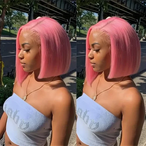 Peluca corta recta rosa roja rosa Bob cabello humano prearrancado 13x4 peluca Frontal de encaje transparente Color Bob 200% densidad 12 14 pulgadas