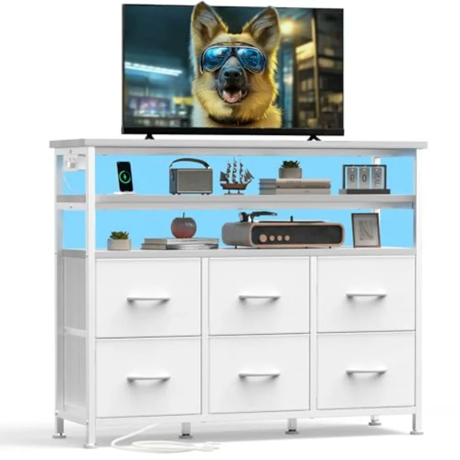 

TV Stand for Up to 45 inch TV Wood Top TV Media Console Table with 6 Fabric Drawers 2 Shelves Entertainment Center with LED Lig