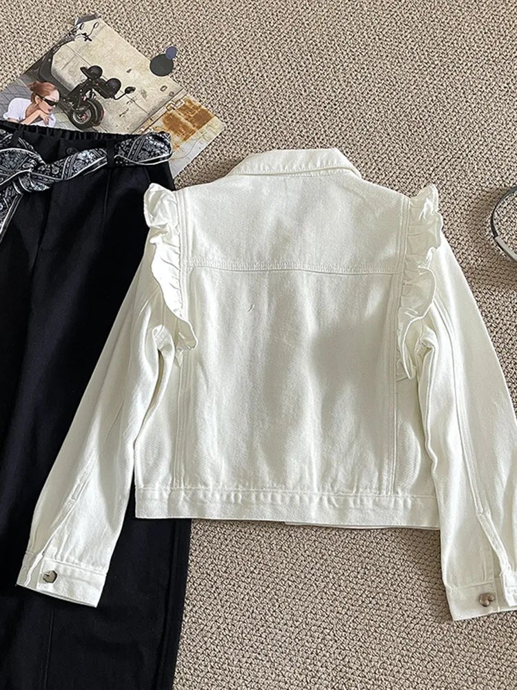 Women Autumn Korean Style Casual Cowboy Outerwear Slimming Fashion White Ruffles Long Sleeve Short Denim Jacket