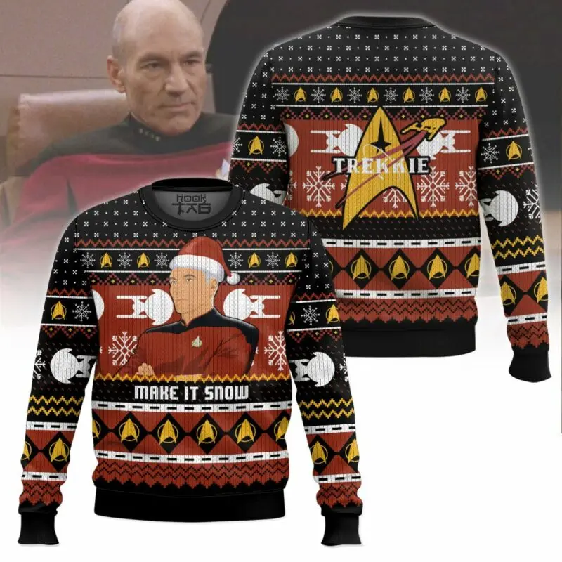 Make It Snow Captain Picard ST Ugly Christmas Sweater Забавный пуловер для праздничной вечеринки, свитер больших размеров для мужчин, рождественский подарок 2026