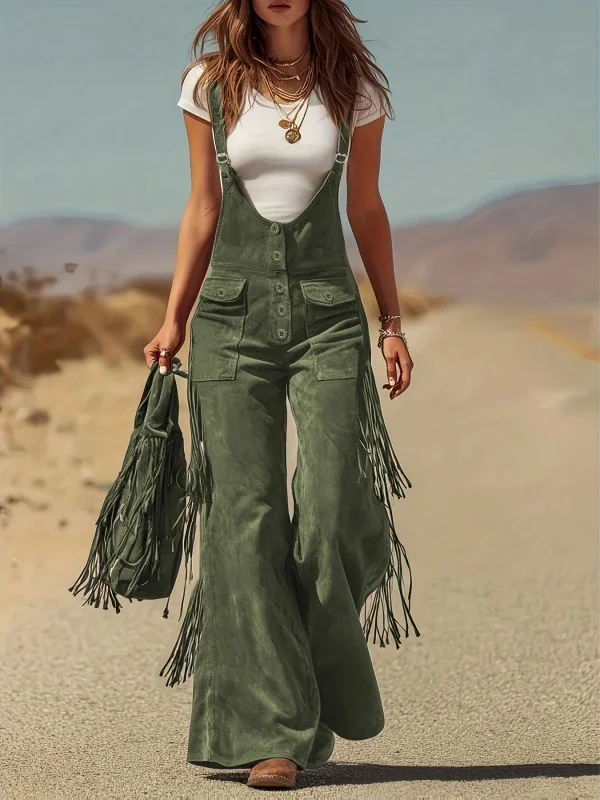 Retro Western Tassel Overalls Women's Wide Leg Cargo Pants High Waist Long Polyester Fiber Commute Style Spring Collection