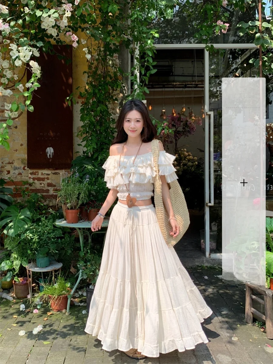 

SUN Gentle Lace Trim One oulder Long Dr Set Beautiful Waist Cinching Skirt Korean Sle Commute Faion Summer 2025