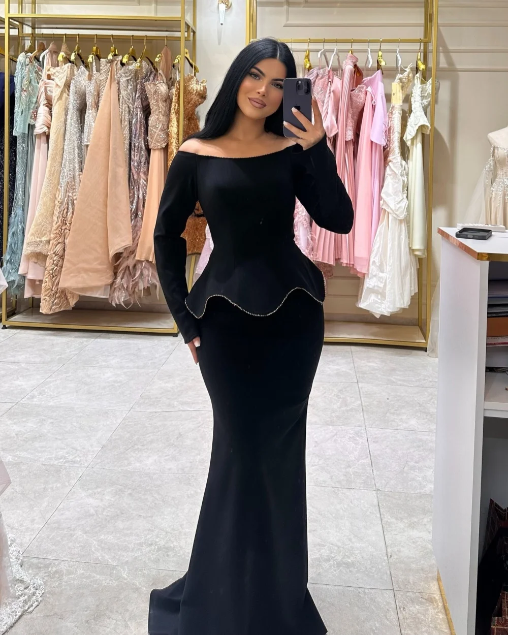 

Customized High Quality Women Jersey Rhinestone Ruched Mermaid Evening Dresses Classic Off-the-shoulder Long Sleeves Party Gowns