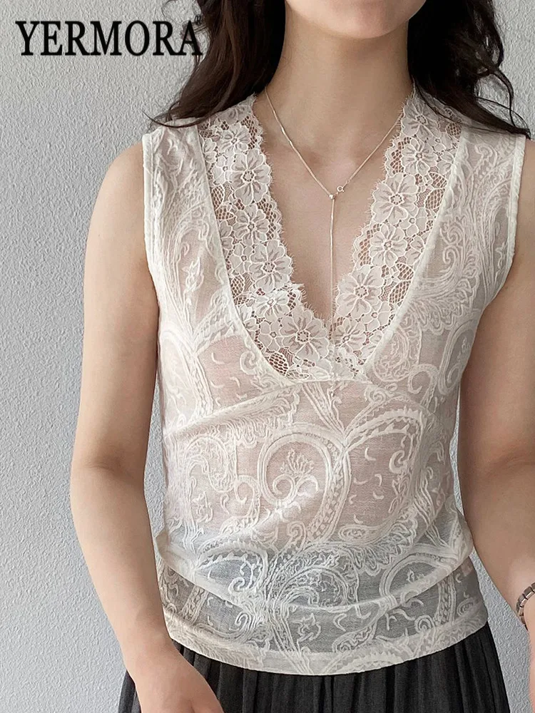 YERMORA Women's Apricot Lace Brief Perspective Vest V-Neck Long Sleeveless Slim New Tops Fashion Tide Spring Summer 2026
