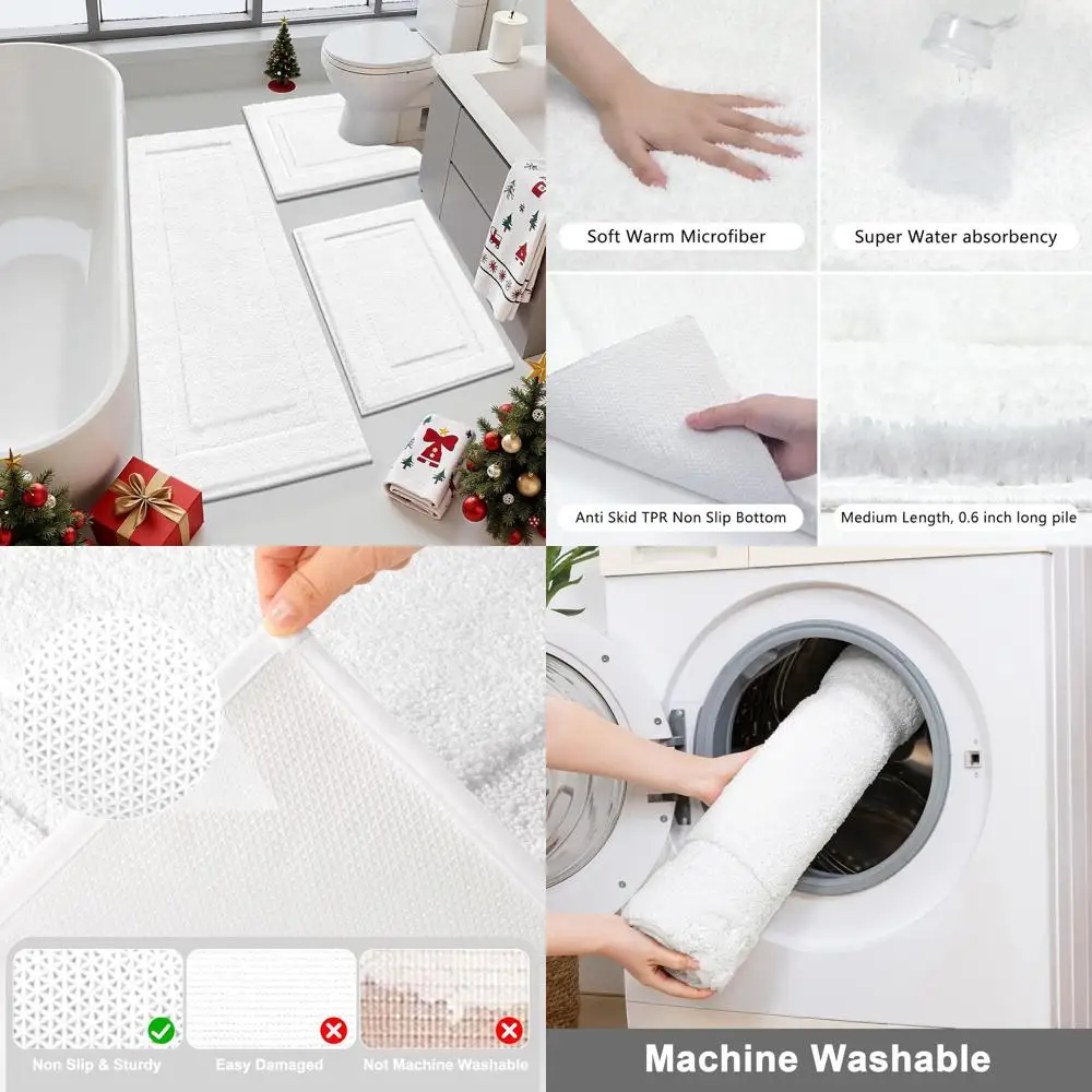 

3-Piece White Bathroom Rug Set: 20x32 Non-Slip Bath Mat, 20x47 Shower Mat, and 20x24 Toilet Rug - U-Shaped, Washable, Soft, and