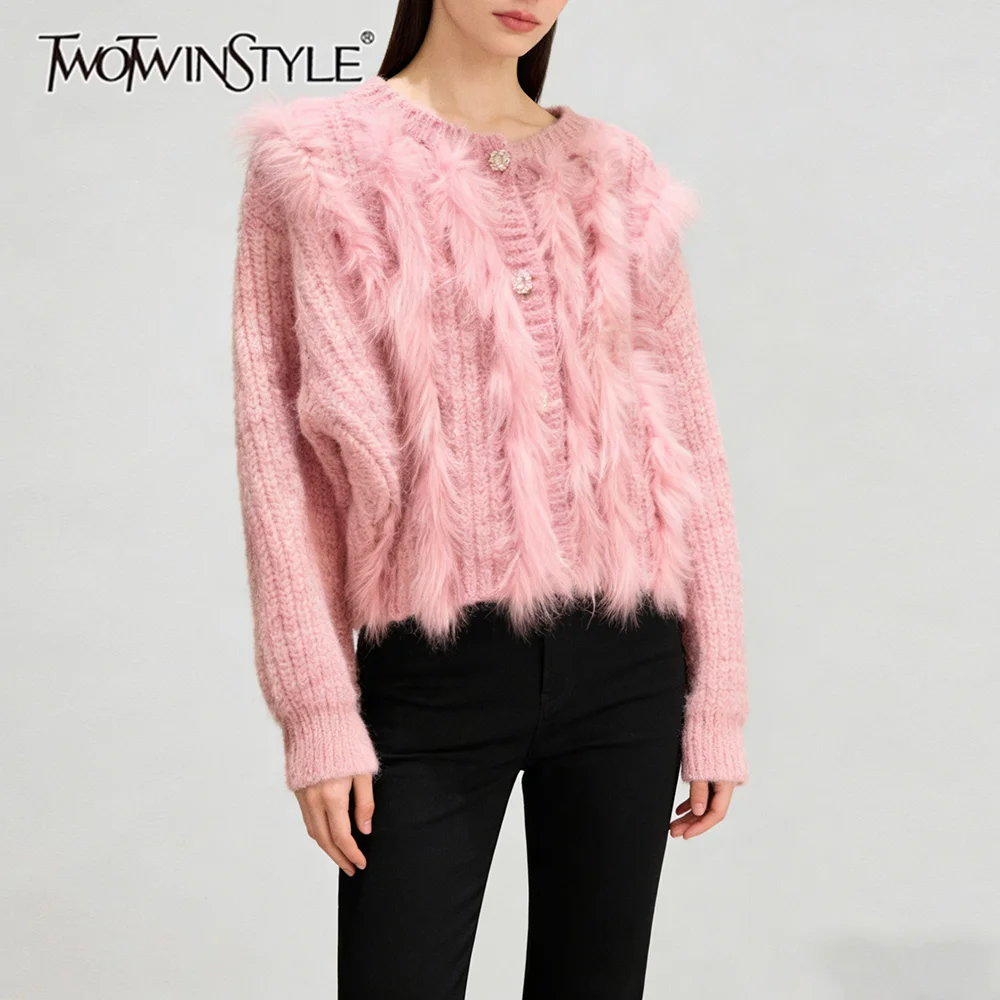 

TWOTWINSTYLE Solid Spliced Buttons Chic Sweater Female O Neck Long Sleeve Loose Korean Sweet Women's Sweaters Autumn Fashion New