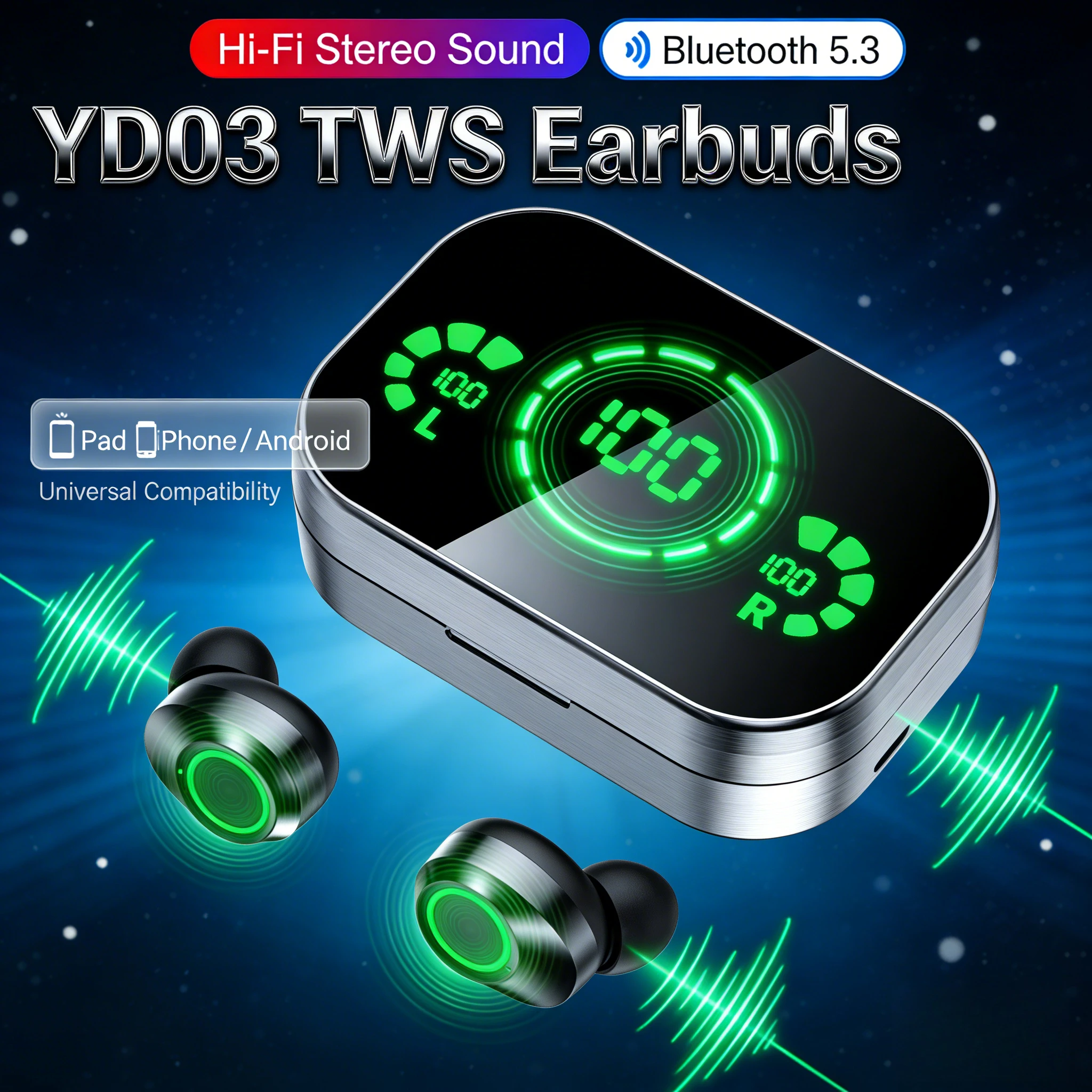 

2026 New TWS wireless Bluetooth Headset YD03 with microphone earphone charging box LED Fone Bluetooth headset wireless Earbuds