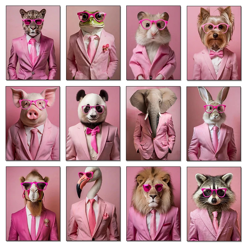 Pink Glasses Suit Bunny Camel Hamster Elephant Panda Portrait Poster Print Wall Art Pictures Canvas Painting Room Home Decor