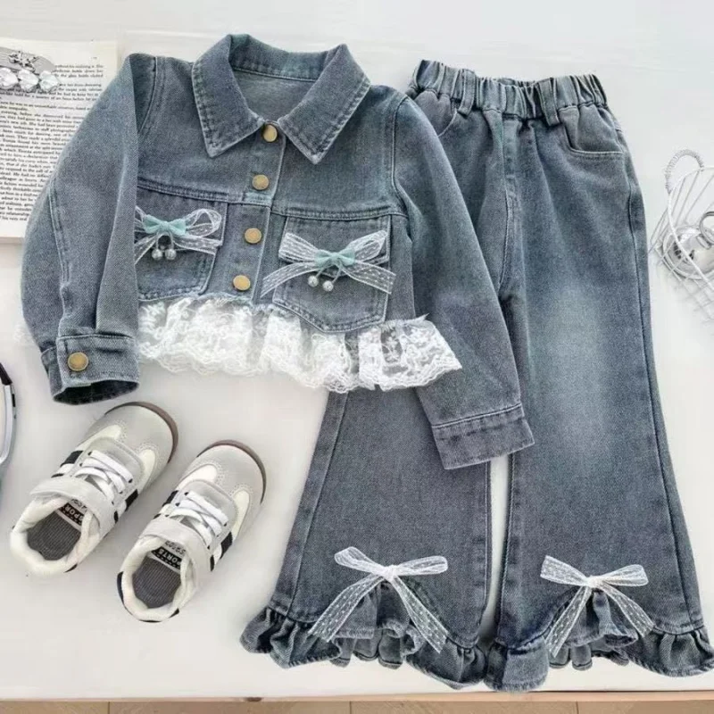 

Girls' Denim Suit Autumn New Korean Version Girls' Denim Top+lace Pants Cute Denim Two-piece Set 90-140CM