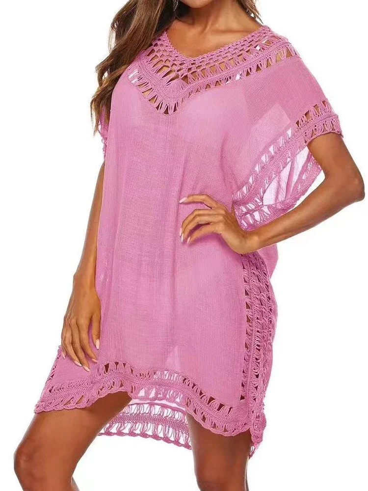 New Solid Bikini Cover-Ups Women Beach Cover Up See Through Hollow Out Thin Dress Summer New Fashion Female Classic Beachwear