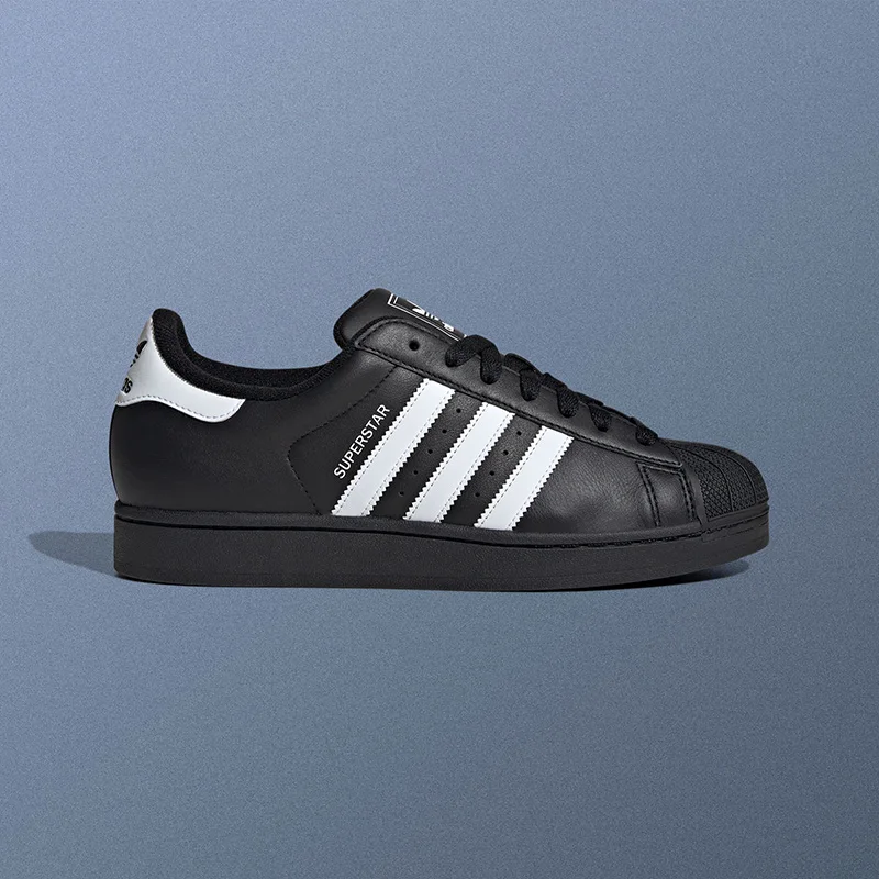 Adidas JI0079 Icon Shell Toe Trainers Black White Three Stripes Premium Leather Wear Resistant Rubber Outsole Daily Walking Shoe