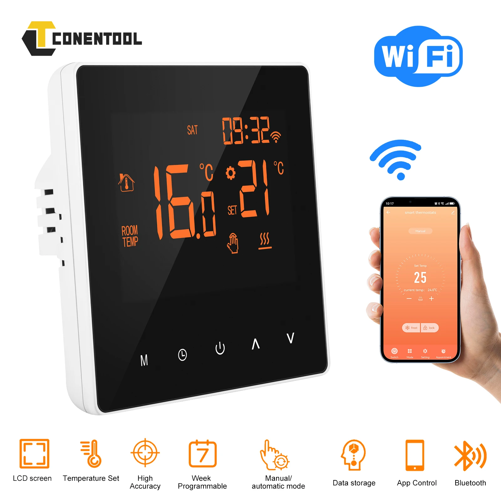 CONENTOOL WiFi 16A Thermostat de sol de chauffage électrique contrôleur numérique intelligent capteur d'écran tactile pour Tuya Alexa Google Home