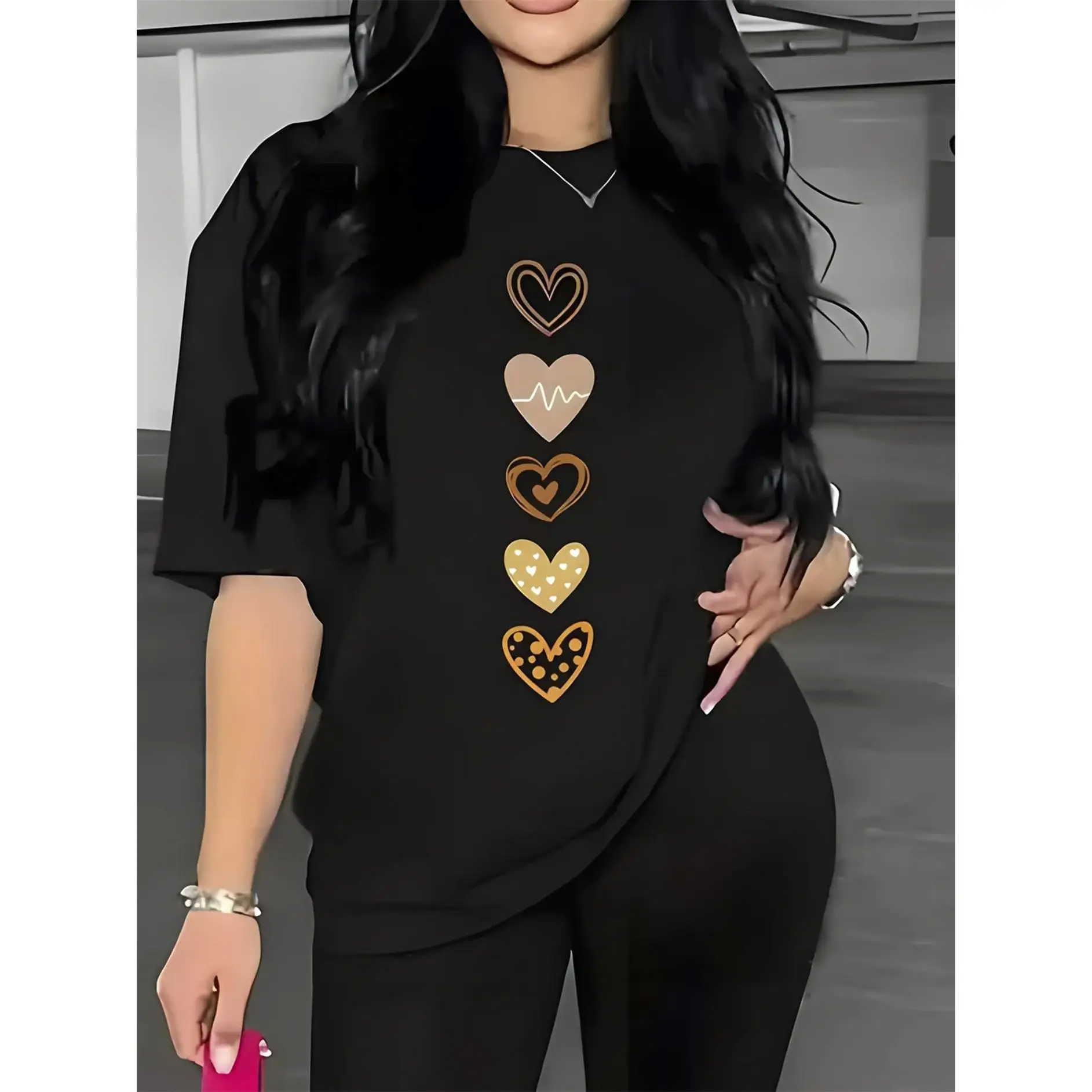

Women's Boho Heart T-Shirt | Multiple Love Graphic Tee | Valentine's Day Sweet Gift Casual Top