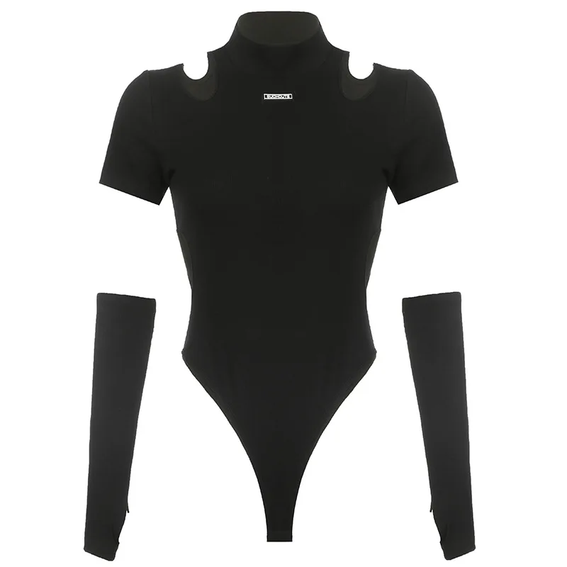 Combinaison noire évidée pour femme, barboteuse sexy pour femme, costume de batterie, vêtements d\'été à manches longues, salopette serrée,