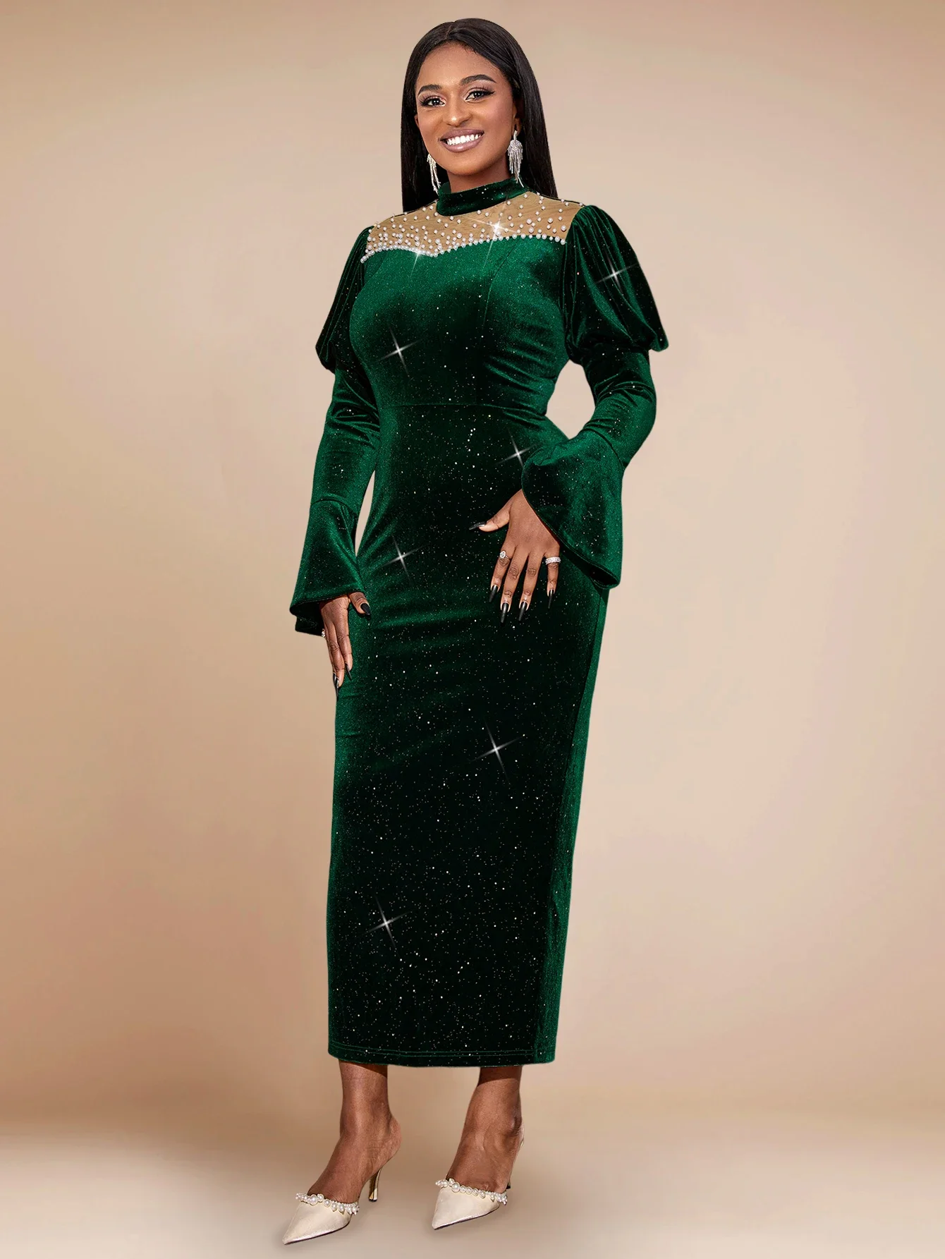 Dark Green Glitter Long Dress for Women Flare Sleeve Empire Bodycon Package Hip Shiny Evening Birthday Cocktail Event Outfits