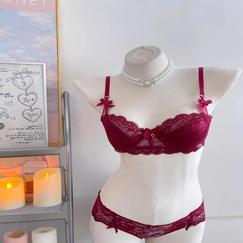 Women Solid Color Sexy Lace Half Cup Bra Soft Underwire Gathered Push Up Thin Lightweight Elegant Exquisite Lace Lingerie Set