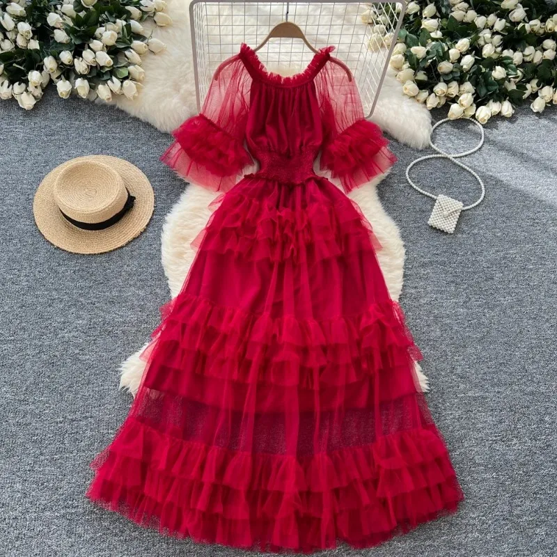 Chic plissé élégant manches courtes évasées col rond maille robes Vintage mode coréenne soirée décontracté femmes vêtements d'été