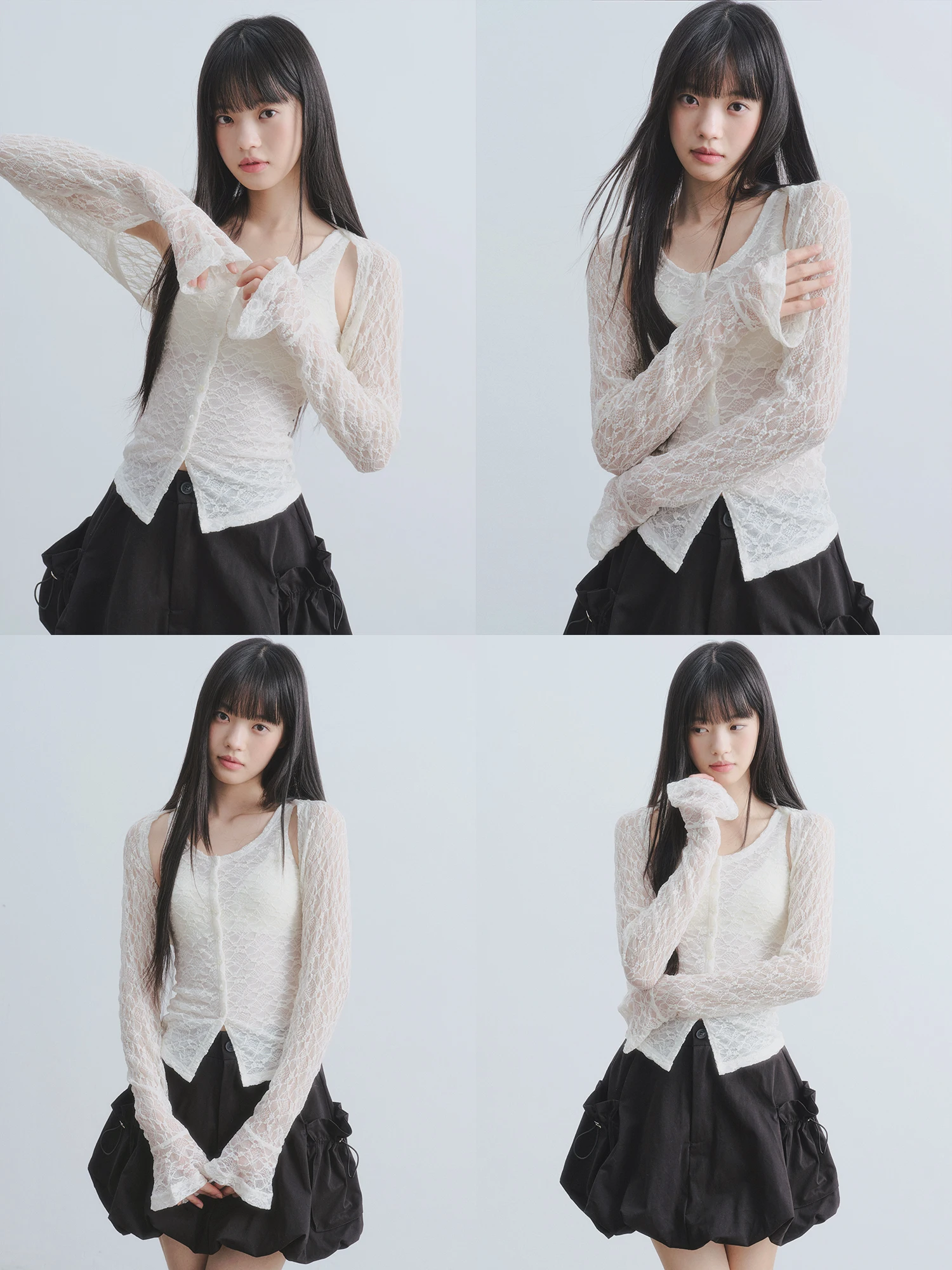 

Dirl Lace Trim Fitted Two-Piece Set Vest oulder Wrap Slimming Top High Elastici Long Sve V-Ne Button Detail