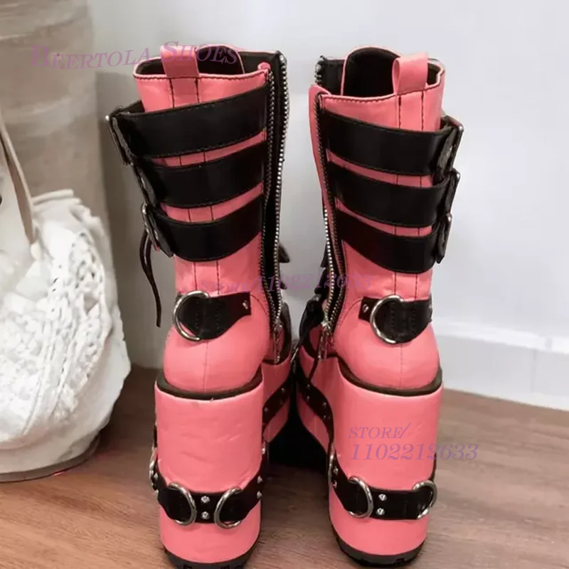 Pink Leather High Platform Lace Up Belt Buckle Boots Cute Girls Wedge Heels Round Toe Ribandblack Rivet Stripes Cool Zipper Shoe