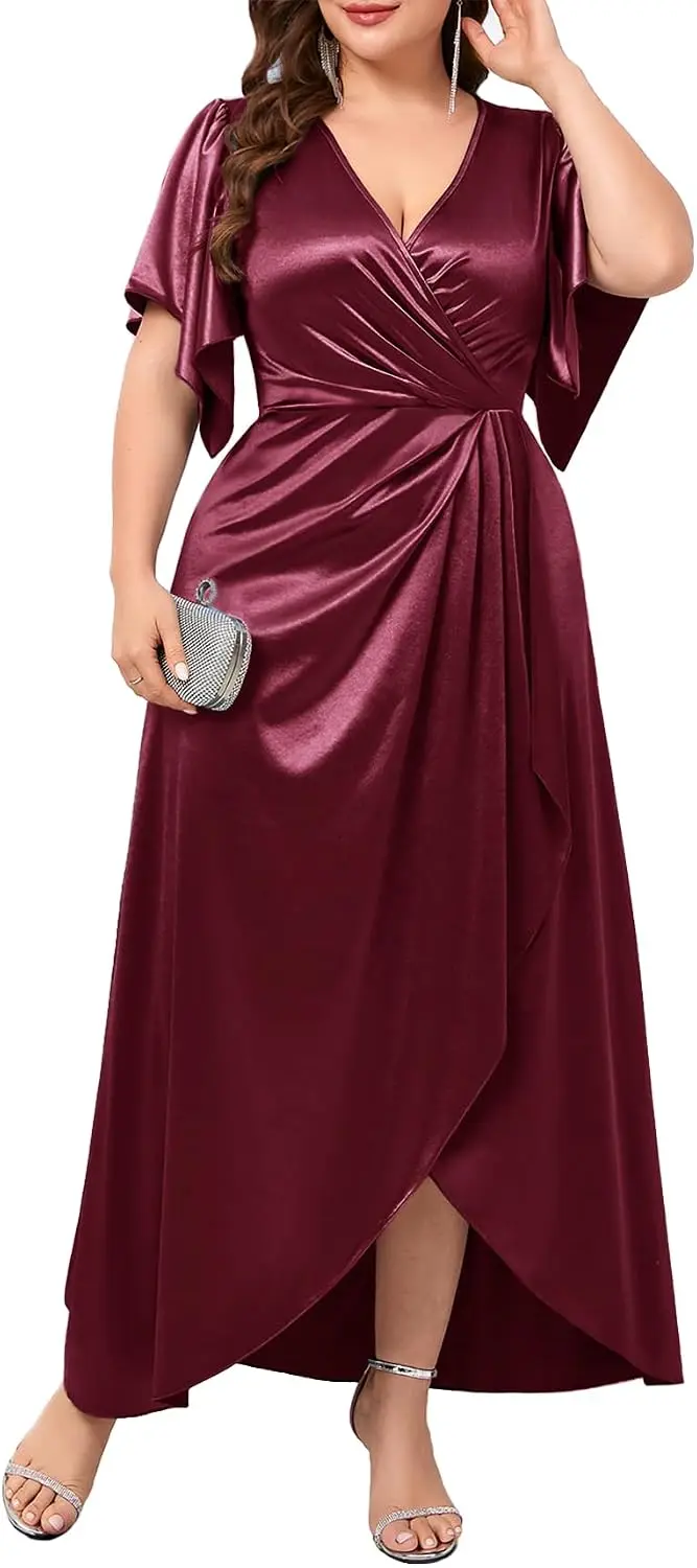 Formal Satin Dress V Neck Wrap Ruched Maxi Evening Gown Cocktail Party Wedding Guest Dresses