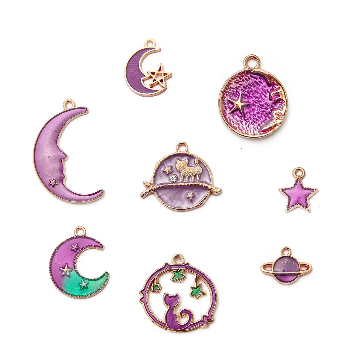 24pcs Assorted Gold- Color Plated Enamel Cat Moon Star Celestial Charm Pendant DIY For Earrings Necklace Bracelet Jewelry Making