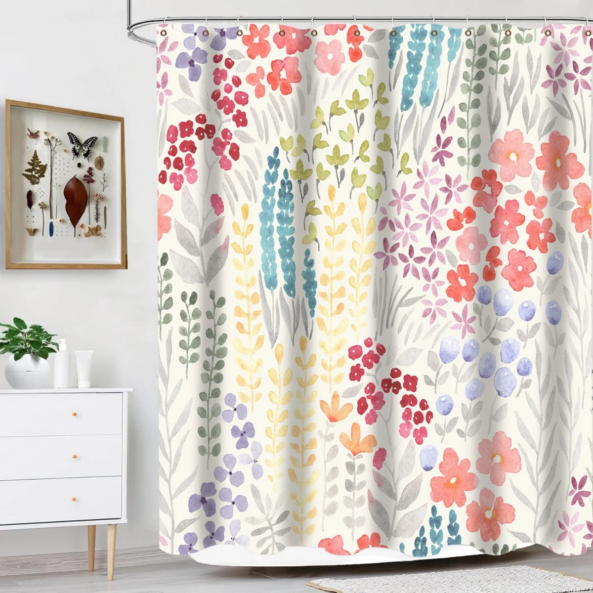 Spring Flower Shower Curtain Fabric Multi-color Plant Leaves Bathroom Shower Curtain Set with Hooks 180x180cm