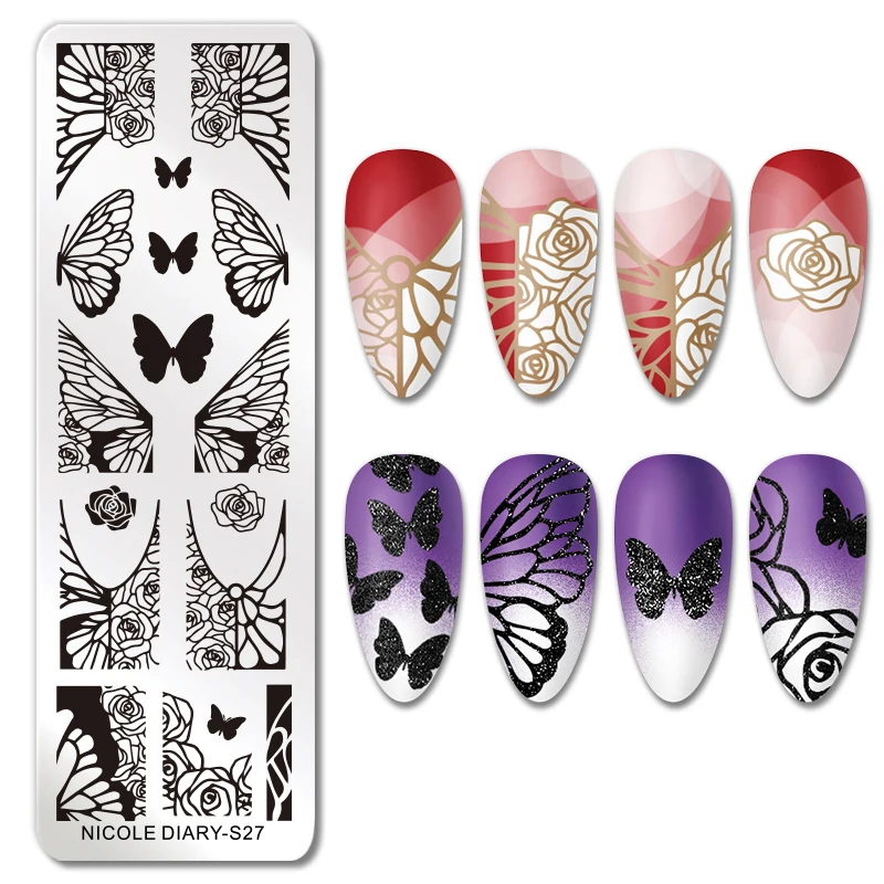 NICOLE DIARY Butterfly Nail Art Stamping Plates Rose Flower Floral Line Printing Stencil Nail Stamp Template Nail Printing Tool