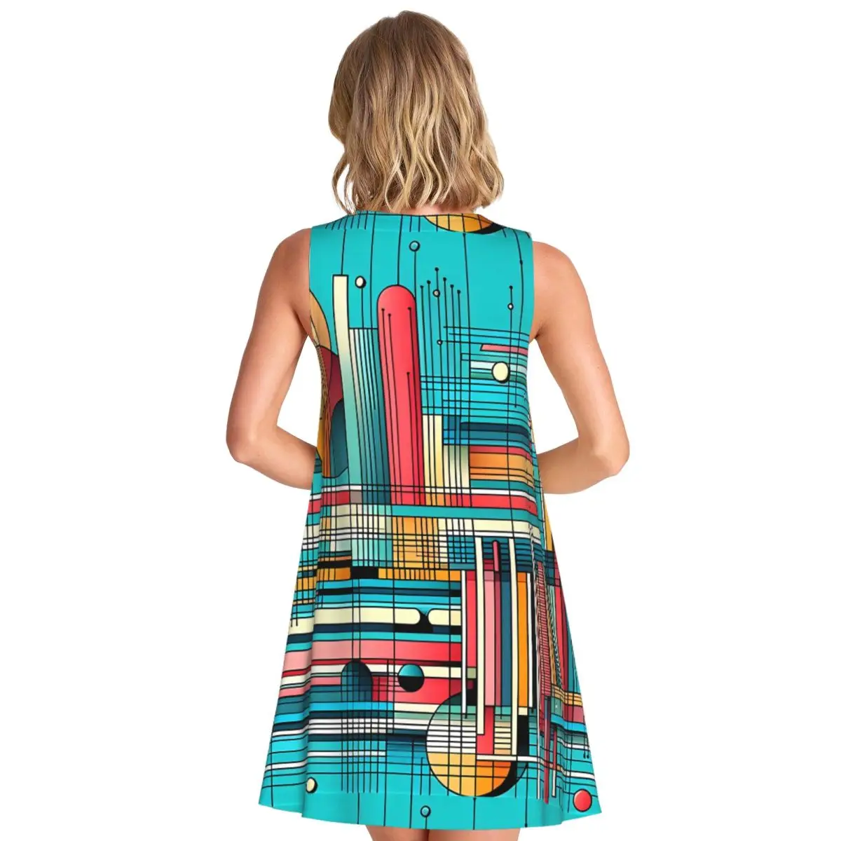 Contrast Color Casual Dress Geometry Print Sleeveless Sexy Dresses Woman O Neck Street Style Dress Summer Print Clothes Gift