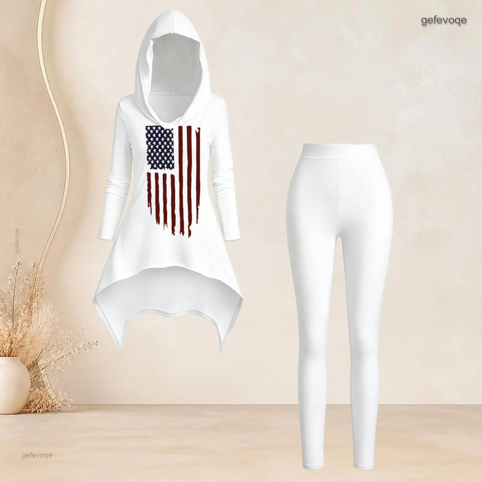 Women White USA Flag Print Hooded Long Sleeve Asymmetric Top and Slim Leggings Two Piece Set