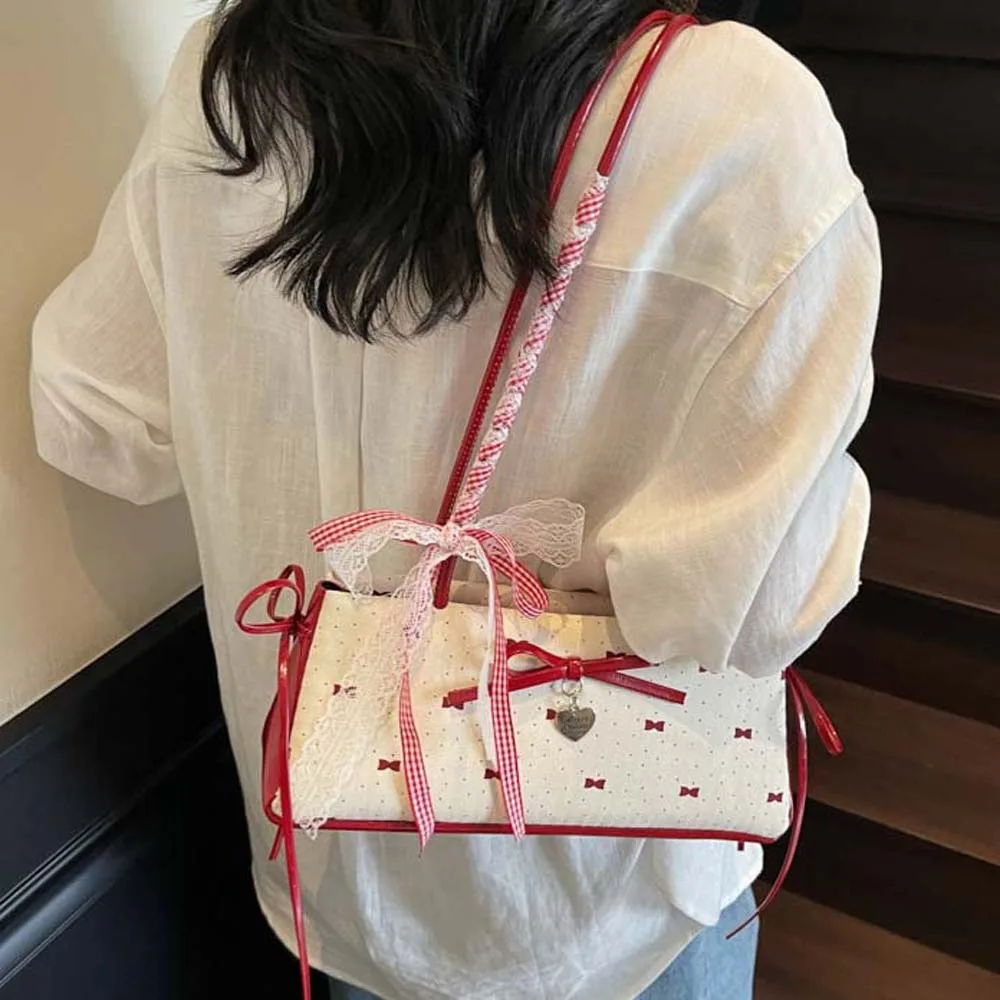 

High Quality Sweet French Stick Handbag Lace Ribbon Contrast Color Bow PU Shoulder Bag Waterproof Texture Underarm Bags Girls