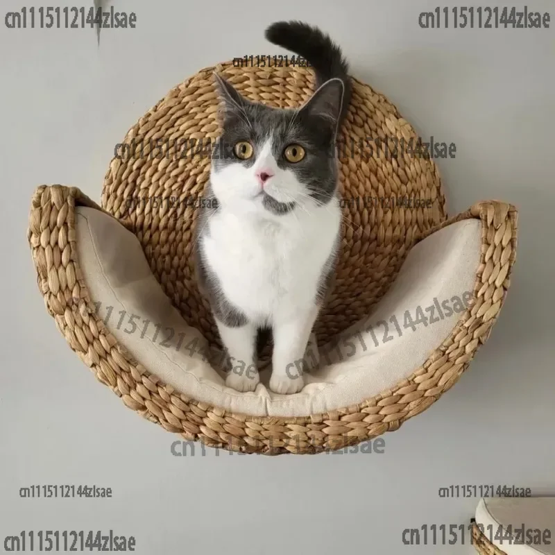 Handwoven Natural Rush Cat Wall Perch, Round Hanging Cat Nest with Jump Platform for All Seasons