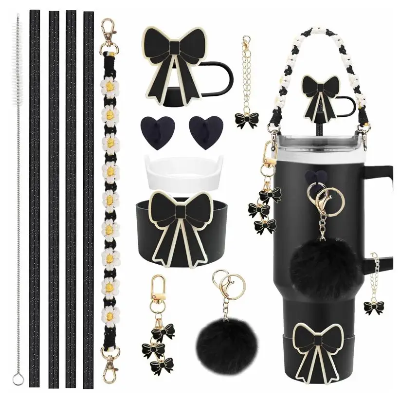 /Set Bow Theme Cup Accessories Set for  Cup 30Oz 40Oz, Including Silicone Bow Straw Cover Cap and Silicone Boot, Bow Keychain Ha