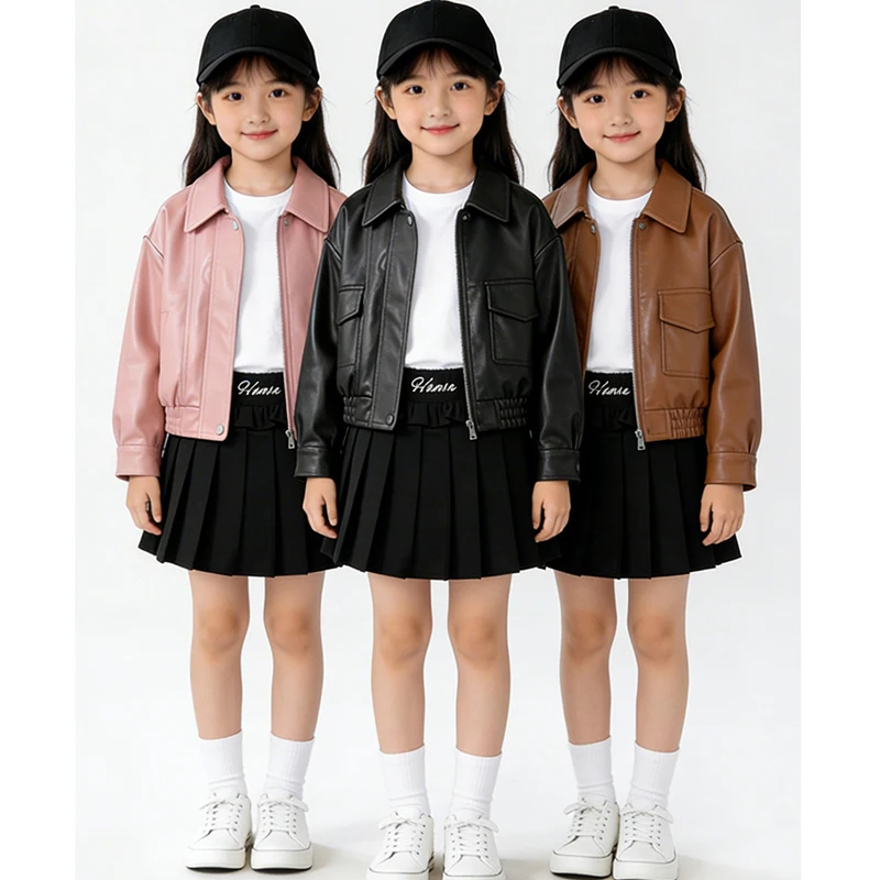Motorcycle Girls Leather Jacket Spring Autumn New Solid Color Lapel Zipper Pu Coat For 2-8 Years Girls Stylish Outwear