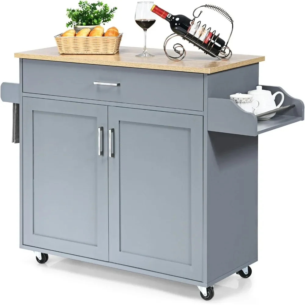 Kitchen Island, Rolling Kitchen Cart with Spice and Towel Rack, Large Drawer & 2-Door Storage Cabinet