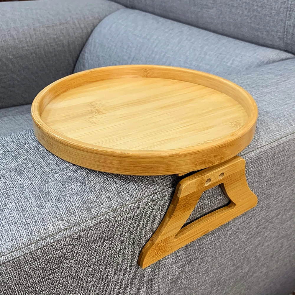 

Sofa Armrest Dinner Plate Home Decoration Shelf Salver Tray Artifac Foldable Bamboo Wood Round Fruit Bread Snacks Creative Style