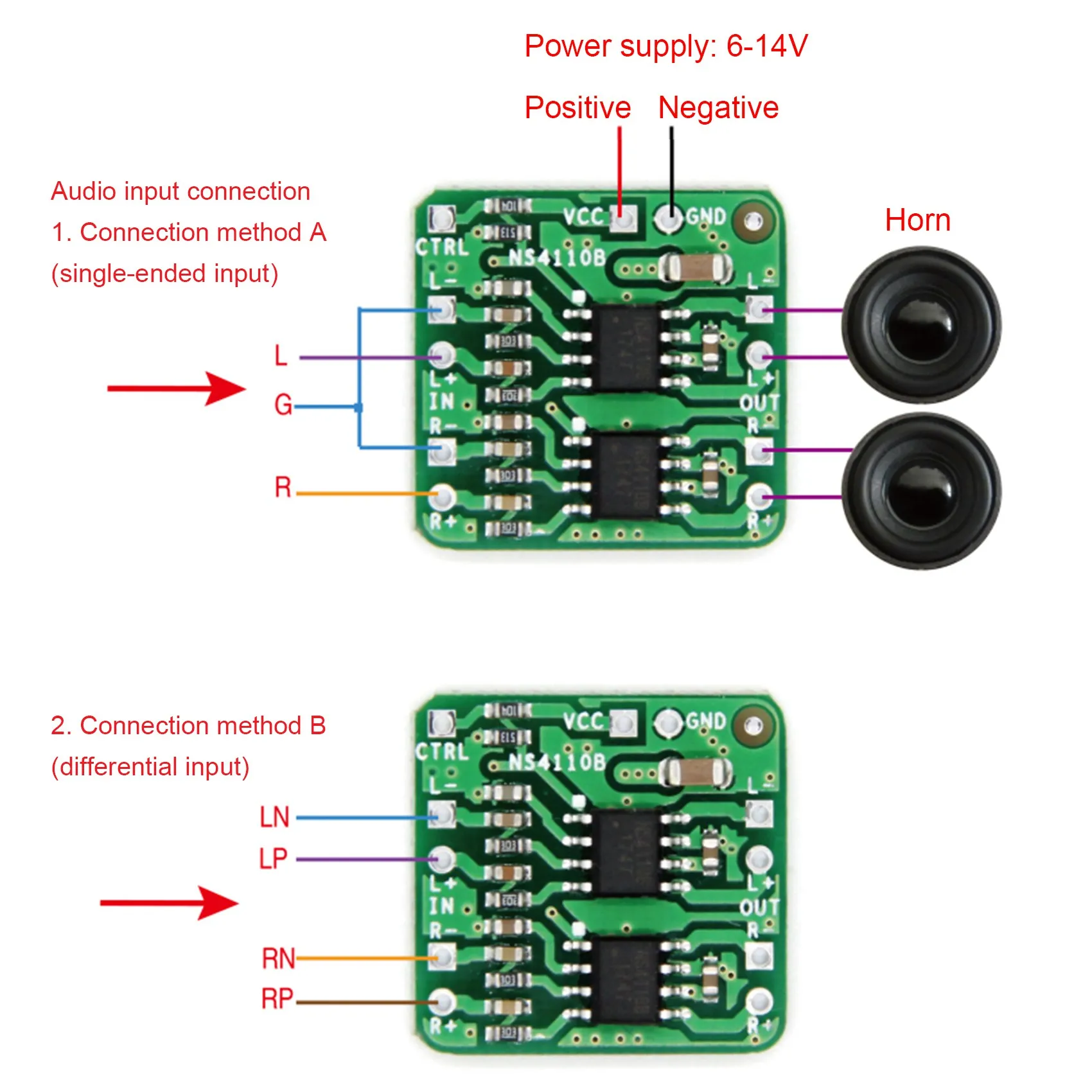 لوحة مضخم طاقة تفاضلية ، مضخم طاقة صوتي ، 2X18W ، فئة رقمية D ، AB ، NS4110B ، جهد 6-14V