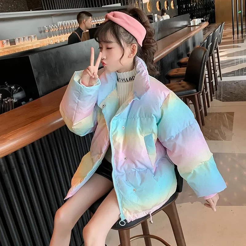 Fashion Rainbow Down Jacket for Girls Winter Kids Thickening Warm Parkas Children's Clothing Teenager Snow wear Outerwear 4-14Y