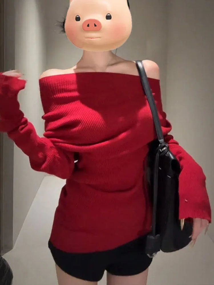 

Red One-oulder Base Sweater Women's Spring Lazy Sle Slimming Knitted Top New Year's Battle Armor Casual oulder Exposure