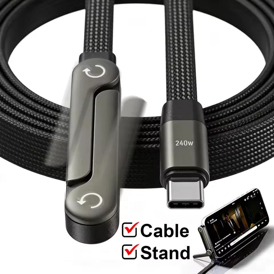 240W 2-in-1 USB C to USB C Fast Charging Foldable Bracket Data Cable Type C Desktop Holder Charging Wire for iPhone 17 Samsung