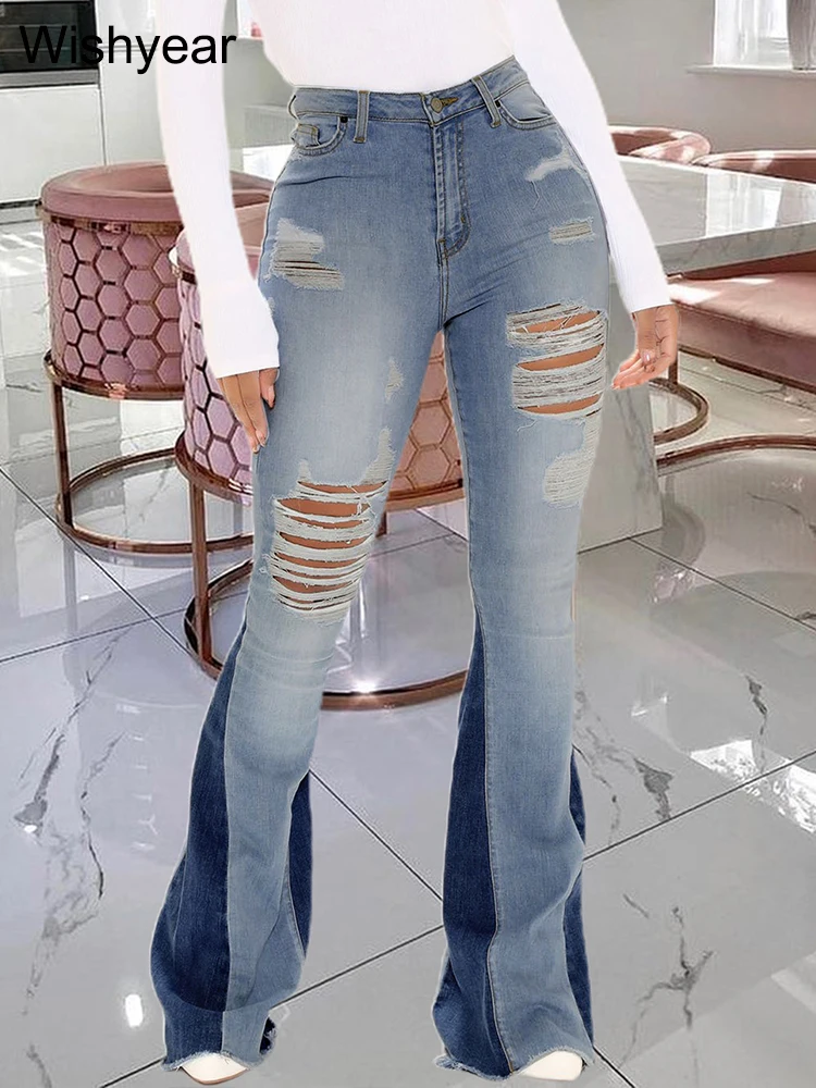 

Women's Blue Patchwork Ripped Flare Jeans Casual Slim Mid-Waist Denim Trousers with Hole And Button Detail Y2K Streetwear Autumn