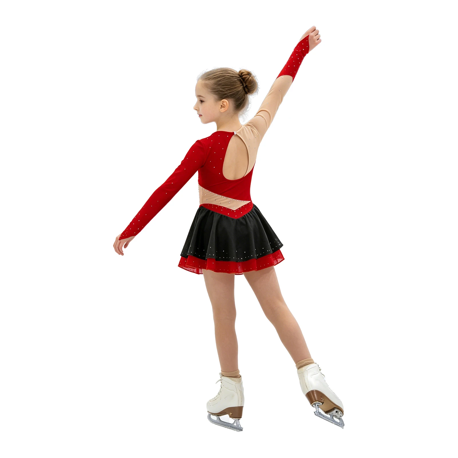 Kid Girls Ballet Figure Skating Costume Lyrical Dance Dress Finger Holes Long Sleeves Mesh Patchwork Dress Competition Dancewear