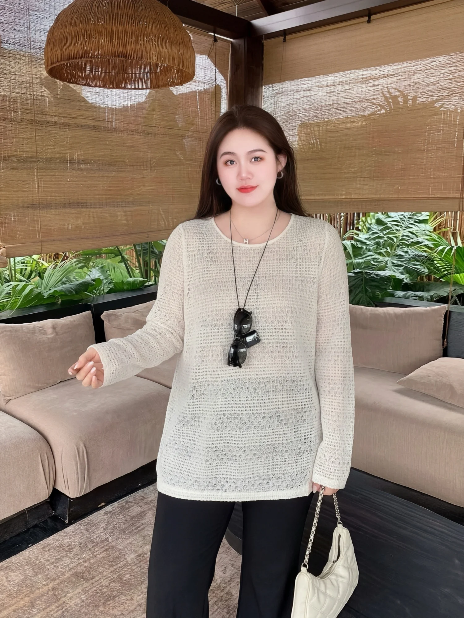 

Large Size Knitted Hollow out Top Simple Elegant Spring New Style Commute Friendly Long Sleeve round Neck Basic Inner Wear