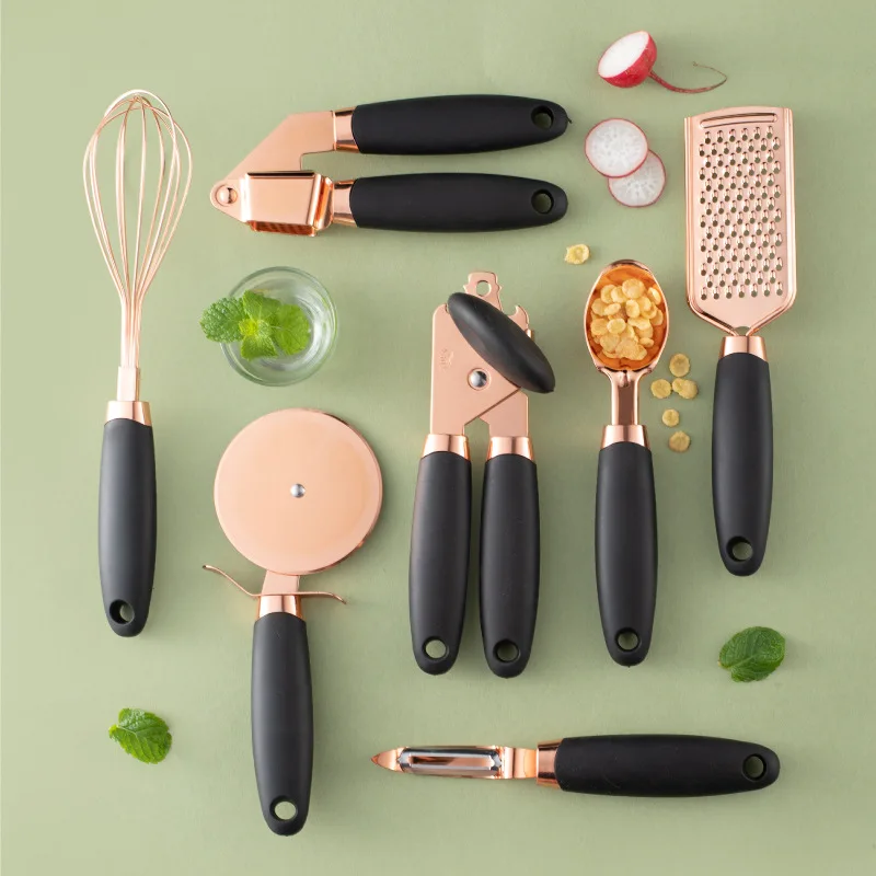 

7Pcs Kitchen Gadget Set Copper Coated Stainless Steel Utensils with Soft Touch Rose Gold Garlic Press Pizza Cutter Kitchenware