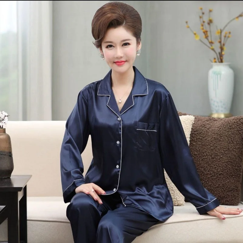 2PCS/Set Middle-Aged and Elderly Ice Silk Pajamas Female Spring and Autumn Long-Sleeved Silk Homewear Mum Women Soft Loungewear