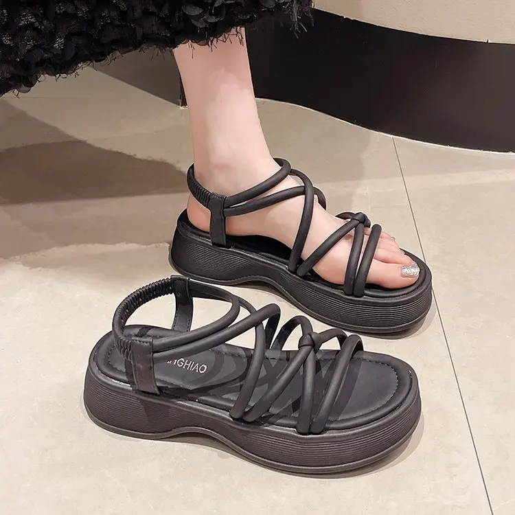 2024 Summer Low Sandals Woman Leather Suit Female Beige Women’s Shoes Clear Heels Low-heeled Retro New Black Gladiator Elastic B